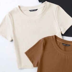 SHEIN Cream Short Sleeve Ribbed Tee